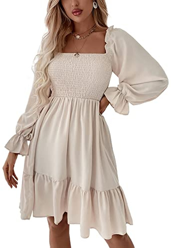 LYANER Women's Square Neck Lantern Long Sleeve Ruffle Shirred Flowy Party Mini Dress Solid Beige Small