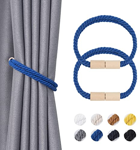 Pretty Jolly 2-pack magnetiska gardinbindningar i trä boho-dekoration draperi knytband naturlig bomull handgjorda dubbla rep gardinhållare för tunn och tjock hem kontor fönsterdraperi (nytt ljusblå)
