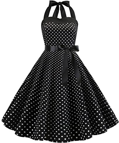 Robe Vintage Années 50 Femme Retro Rockabilly Pin Up Élégante Robes sans Manche Dos Nu Décolleté en Cœur Polka Dot Trapèze Mariage Cocktail Soirée Fête Cérémonie Décontractée au Genou Midi Noir S