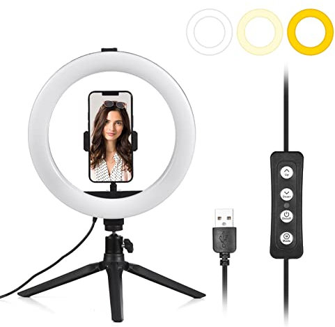 Andoer 10 Anillo de luz LED con trípode y Soporte para teléfono, Aro de Luz Regulable, 3 Modos 11 Niveles, Selfie Ring Light para Fotografía, Maquillaje, Selfie, Youtube, Vídeo, TIK Tok
