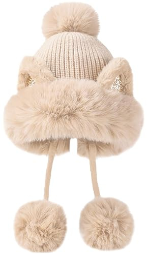 Malaxlx Femme Hiver Beige Bonnet Péruvien Oreille de Chat avec Pompon Fourrure Chaud Chapeau Tricoté Chapeau Ski Duveteux Chapeau Oreillette