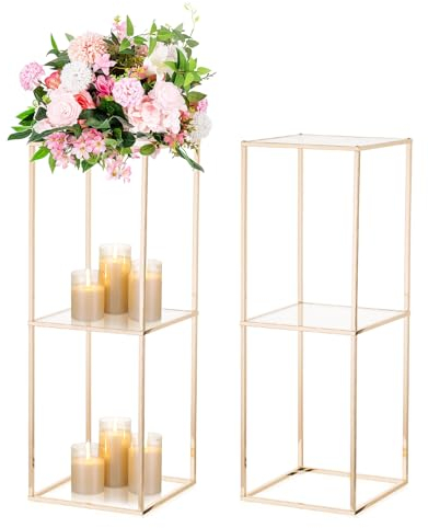 Nuptio Vaso Oro Centrotavola Matrimonio: 2 Pezzi 80cm Alto Supporto per Fiori in Metallo con 2 Strati Acrilico Pannello Pavimento Vasi Colonna Geometrica Alzata per Decorazioni Festa di Compleanno