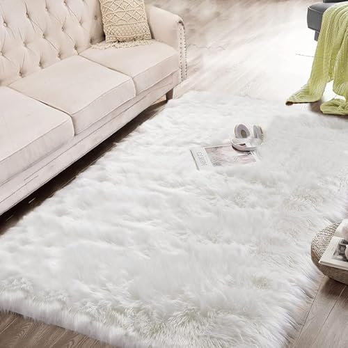 JXLOULAN Faux Lambskin Sheepskin Rug, White, 120 x 160 cm, Longhair Fluffy Rugs, Living Room Decoration, Soft Fur Carpet for Chairs, Sofa, Bedroom, Children's Room