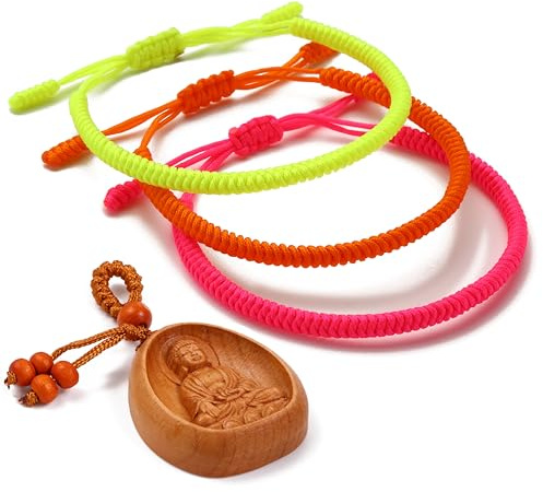 3 Lucky Buddhist justerbart flätat snörarmband | Buddha-nyckelring i trä