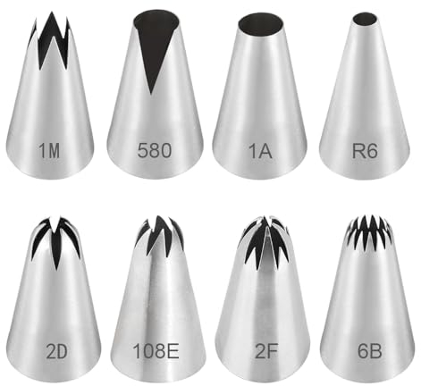 HIOQFR 8pcs Grandi Beccucci Sac a Poche Professionali Beccuccio per Zeppole Grande Inox Bocchette Decorative per Pasticceria Beccuccio Sacca a Poche Stella Punte per Piping per Decorare Cupcakes,Torte