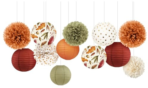 NICROLANDEE Höst bröllopsdekorationer, 12 st orange lönnlöv papperslyktor näsduk pomponger för Thanksgiving Day bakgrundsdekoration, höst baby möhippa, födelsedag, höst skörd fest dekor