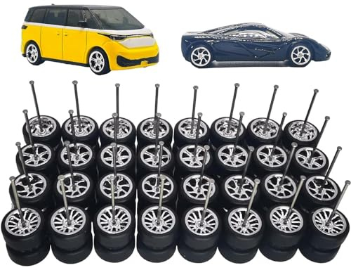HiyyFloy Jeu De Roues en Caoutchouc pour Modèle De Voiture 1/64, 16 Jeux, Arbre De Rouleau Miniature, Jouets, Essieux À Tige Ronde pour Modèle De Voiture 1:64, Accessoires