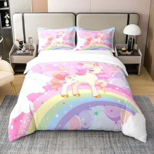 Homemissing Copripiumino unicorno 220 x 240 cm 100% cotone - Kawaii Carino Rainbow Cavallo Biancheria da letto Bambini Galassia Stelle Magica Rosa Animali Set da Letto