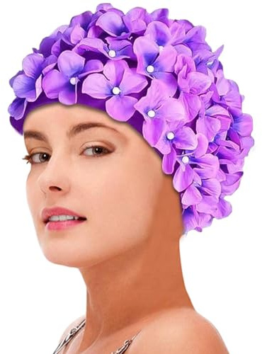Cuffia da bagno con fiori – Elegante cuffia da bagno da donna realizzata a mano con motivo floreale retrò, per capelli lunghi/corti, cappello da bagno per le vacanze in spiaggia in piscina