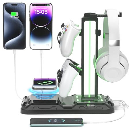 KDD Gaming Soporte Auriculares con Carga Inalámbrica, Soporte Mando & Porta Auriculares Mesa con 9 Modos de Iluminación, Gancho Controlador con 2 Puertos USB & Tipo C para Juegos Accesorios Gaming PC