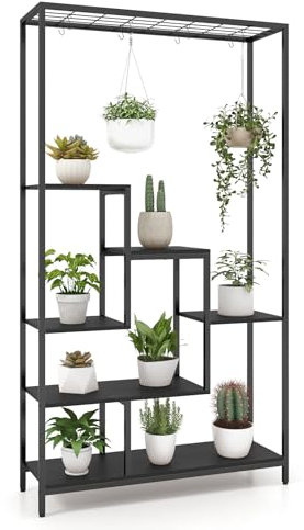 COSTWAY Scaffale Porta Piante a 6 Livelli, Scaffale per Fiori in Metallo da Interno con 10 Ganci e Ripiani per Piante, Porta Vasi da Balcone e Soggiorno
