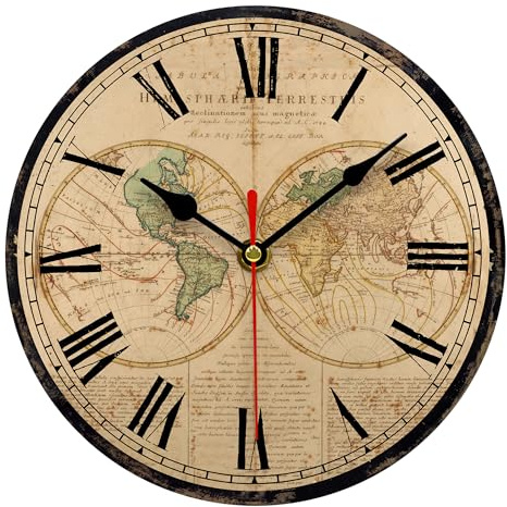 TAHEAT 20 cm Globe World Map Wall Clock, Small Vintage Country House Style, No Ticking Noise, Retro Wall Clock for Kitchen, Living Room, Bedroom, Bathroom