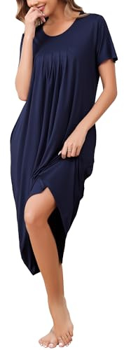 Vlazom Women's Long Nightgown Pleated Casual Nightdress Short Sleeve Soft Nighties Nightwear with Pockets S-XXL