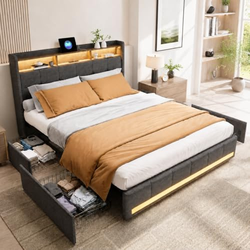 MIOOSUT Letto Matrimoniale 160 X 200 con 4 Cassetti, Letto Imbottito con Contenitore, Testiera con Vano Portaoggetti e Funzione di Ricarica USB, senza Materasso, grigio