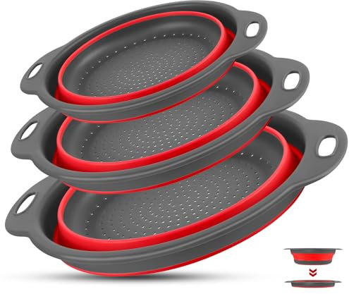Collapsible Colander Set of 3, Silicone Colander for Drain Vegetables, Fruits. Sieves and Strainers, Space Saving, Kitchen Gadgets, Suitable for Outdoor Camping, 3 Sizes (10+11.4+13.4 inch) Red