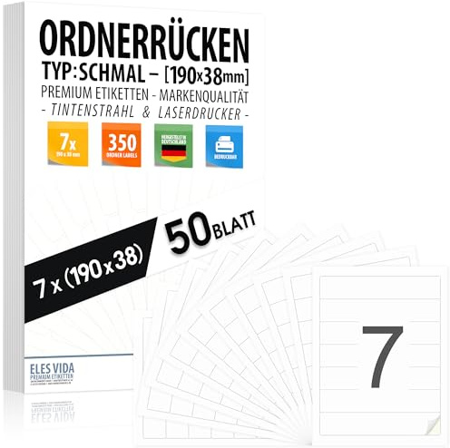 Etichette autoadesive per raccoglitori - 192 x 38 mm - Set da 50-350 pezzi - Bianco, per stampanti a getto d'inchiostro e laser, etichette di spedizione (inkjet e laser) Prodotto in Germania