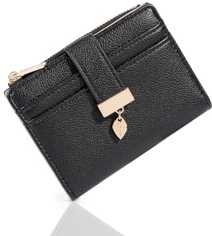 Pomelo Best Women's RFID Wallet - Vegan Leather Bi-fold Small Ladies Purse with Zipper Coin Pocket & ID Window - Leaf Charm Compact Wallet for Women