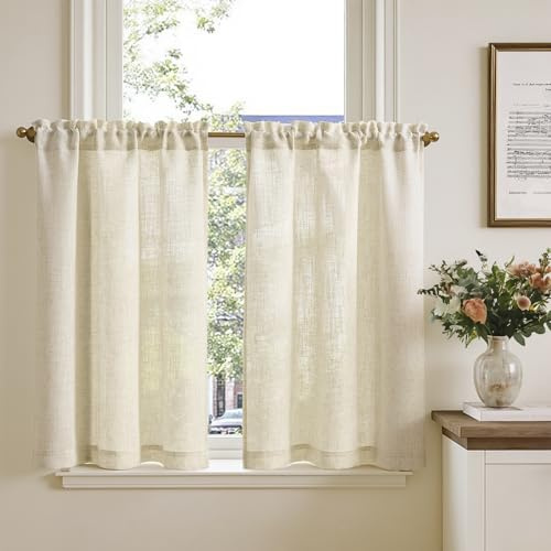 TOPICK Uppsättning av 2 H 60 x 90 cm, fönstergardiner linneutseende bistrogardin för vardagsrum, kök, små fönster, ljusgenomsläppliga, köksgardiner, korta gardiner, modernt lantställe, dragsko, beige