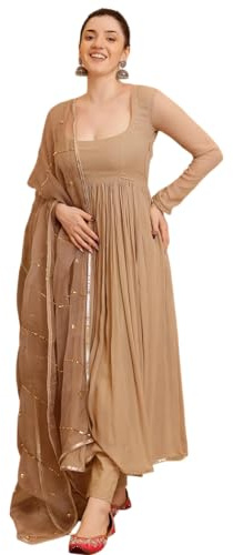 The Red Lion Enterprise Women’s Ivory Color Anarkali Kurti Set in Georgette with Pant and Embroidered Dupatta Party Wear, Brown Ivory, S
