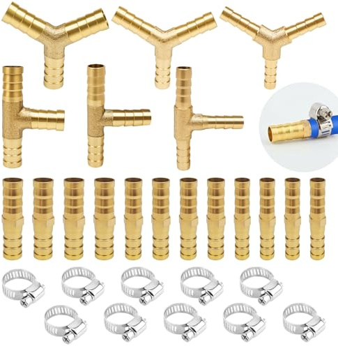 SHUIYUE 18 Piezas Juego Conectores Manguera Latón para Aire Agua Gas Aceite | 3 Estilos: Recto/Tipo T/Tipo Y;3 Tamaños: 6 mm, 8 mm, 10 mm. Incluye 10 abrazaderas