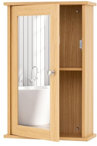 COSTWAY Bathroom Mirror Cabinet, Wall Mounted Storage Cupboard with Single Door and Adjustable Shelf, Wooden Medicine Cabinet Organiser Unit for Living Room Kitchen Hallway (Natural)