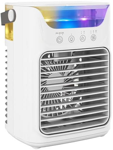 HOMCOM Portable Air Conditioner, 4-in-1 Mini Air Cooler with 3 Wind Speed, 2 Cool Mist, RGB 7 LED Light, 700ml Water Tank, 2-6H Timer, Small Cooling Fan for Home, Office, Bedroom, White
