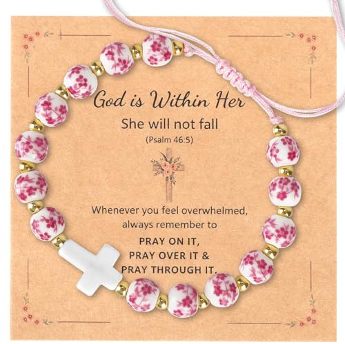 Mikovivi Cross Bracelet with Card, First Holy Communion Gifts Pink Flower Religious Bracelet for Teen Girl Christian Catholic Religious Jewelry Gift Easter Basket Stuffers Baptism Confirmation Gift