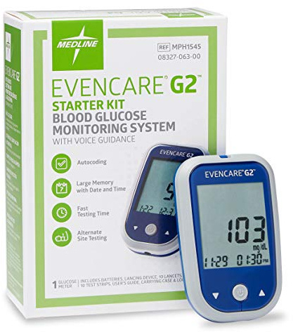 Medline EvenCare G2 Blood Glucose Monitor Starter Kit, Diabetic Care, 6 Sec Results, General Purpose Lancing Device & Lancets, Test Strips, Batteries, Guide, Carrying Case, Logbook, Voice Guidance