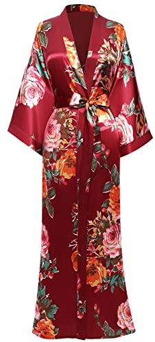 Coucoland Kimono Robe de chambre longue en satin pour femme Peignoir pour femme Motif fleurs - Taille Unique (Vin Rouge)