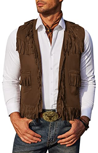 COOFANDY Men's Rodeo Vest Western Cowboy Vest Casual Fringe Hippie Costume V Neck Zipper Suede Leather Waistcoat