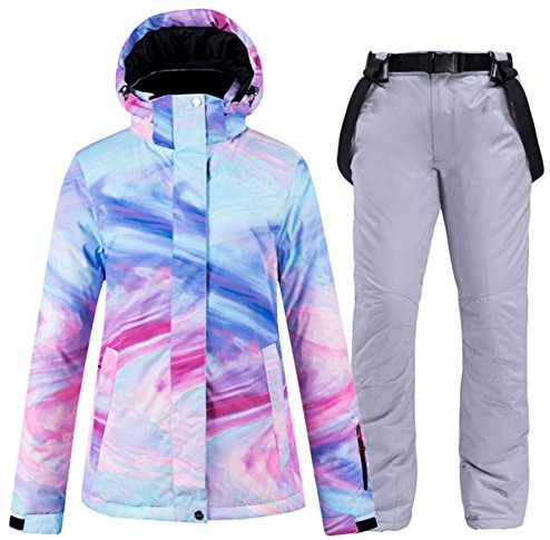 Ez4garden Damen Outdoor-Snowboard-Set mit bunten bedruckten Skijacken und -hosen, winddicht, wasserdicht, warm, verdickt, grau, M