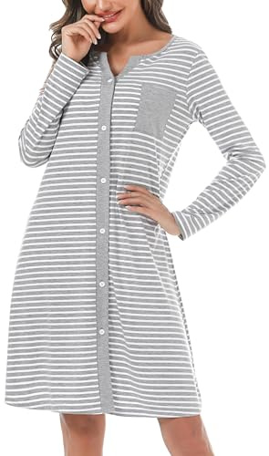 Marvmys Chemise De Nuit Femme Manches Longues Coton Chemises De Nuit Femmes Col en V avec Boutons Devant Vêtement De Nuit Doux Rayée Manche Hiver Vêtement D'Intérieur