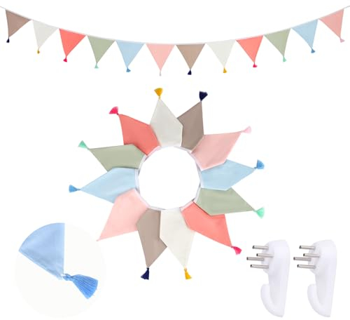 Girlande Kinderzimmer Wimpelkette, 3.2m Zweilagig Wimpelkette Stoff Kinderzimmer mit Quasten und 12 Flaggen, Wimpelkette Pastell, Girlande Stoff für Hochzeits, Geburtstag Party und Kinderzimmer