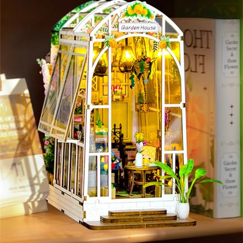 Gör-det-själv bok Nook kit, trädgårdshus med möbler och LED-lampa, miniatyrhus, 3D-pussel, boknook, modellbyggsats, diorama modellbyggnad för vuxna, bokhylla för dekoration, för födelsedag