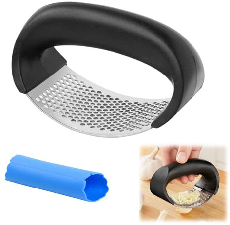 SSKHE Prensa de ajos de acero inoxidable – Cortador y prensa de ajos, herramienta de cocina con pelador de ajos de silicona (1 unidad, negro)