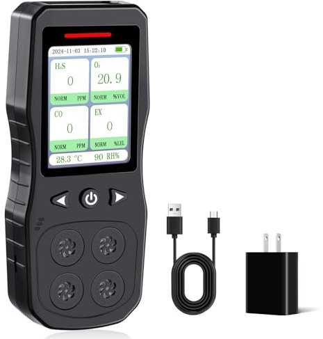 ZYKYCX 4 Gas Monitor Multi Gas Detector for O2, CO, H2S, Combustible Gas Tester, Rechargeable 4 Gas Leak Detector, Digital Gas Meter with Sound, Light & Vibration Alarm