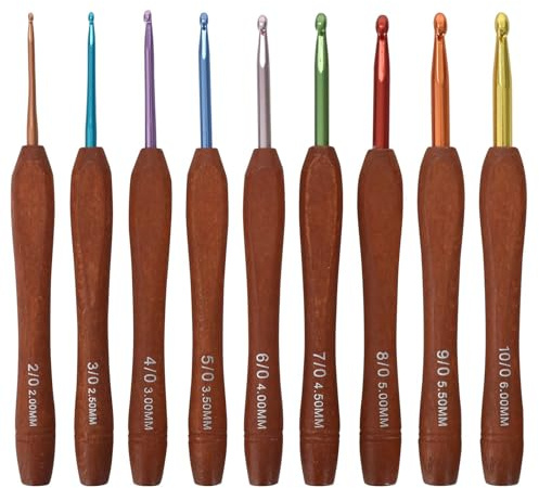Crochet Hook Set, 9 Pcs Wood Handle Crochet Hooks,Crochets Hook Knitting Needle,Light and Comfortable Tool,for Beginners Adults,for Arthritic Hands, for Lacework (2.0mm-6.0mm)