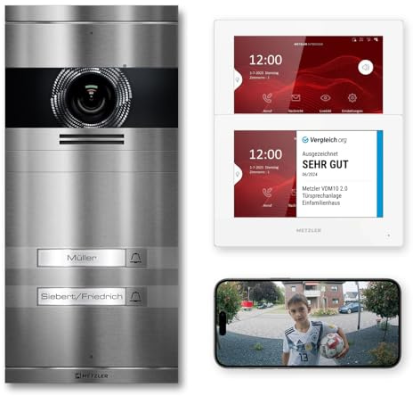 Metzler VDM10 2.0 Video Sprechanlage Komplett Set mit austauschbarem Namensschild - Anschluss 2-Draht - Türsprechanlage mit HD-Kamera und Bildschirm für 2 Familienhaus, aus rostfreiem V2A Edelstahl