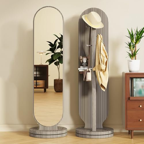 XQYYLVY Appendiabiti da pavimento con specchio girevole 360°, 3 ganci e vano portaoggetti, specchio pavimento per camera da letto