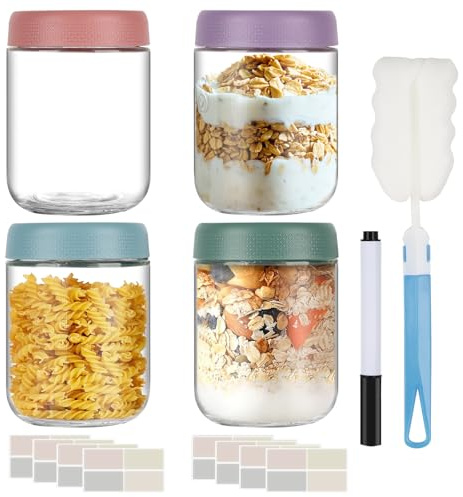 Esilihom 4 Pack 16 OZ Overnight Oats Jar with Lids, 500ml Glass Overnight Oats Container for Breakfast, Yogurt Mason Jar for Fruit, Pudding, Salad, Jam, Cereal