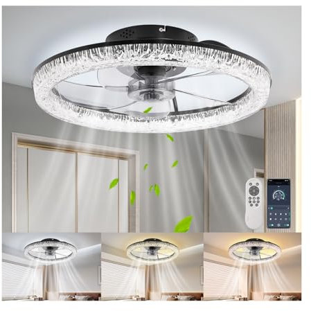 Ventilateur de plafond avec lumière, 50 W, ventilateurs, 6 vitesses/minuteur, 3 températures de lumière, contrôle par application, télécommande et interrupteur mural, avec fonction mémoire et mode été