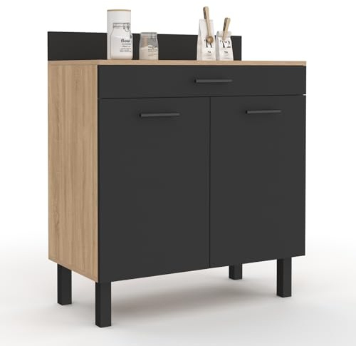 IDMarket - Buffet Bas de Cuisine 80 cm CINA Plan de Travail H.83 cm 2 Portes + tiroir façon hêtre et Noir