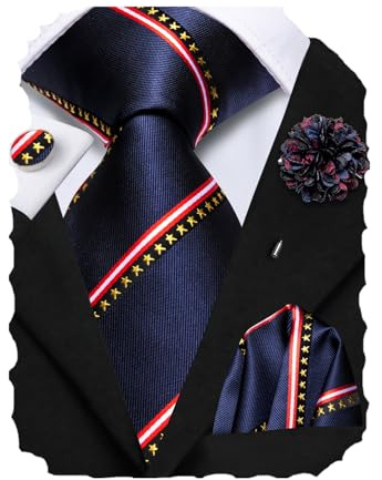 Hi-Tie Navy Red Mens Ties Set Silk Dress Ties for Men Stripe Necktie and Pocket Square Cufflinks Lapel Pin for Business