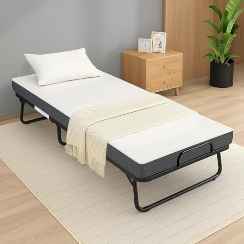 M.J COMFY-LIFE Folding Bed with Mattress – Portable Fold Up Rollaway Guest Bed with 10cm Memory Foam Mattress, Foldable Metal Frame, Space-Saving Single Bed with Wheels for Adults Dorm Apartment