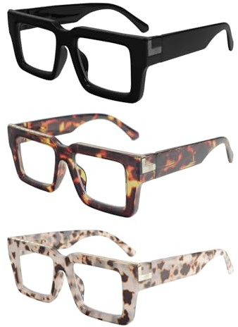 KoKoBin Confezione da 3 occhiali da lettura in stile per donna e uomo, occhiali con filtro luce blu, montatura quadrata elegante con cerniera a molla (Nero/leopardata/grigio leopardata, 2.5, x)