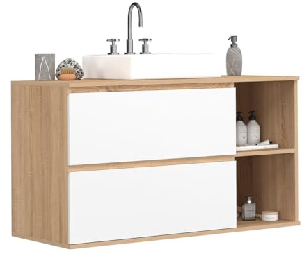 IDMarket TOMI - Mueble bajo lavabo colgante para cuarto de baño, 2 cajones y 2 nichos de haya y blanco