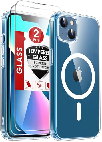 LeYi Funda Magnética para iPhone 13/iPhone 14 Compatible con MagSafe [2-Unidades] Cristal Templado, Case Silicona TPU Movil Carcasa Anti - Amarillo Antigolpes Clear Capa，Transparente