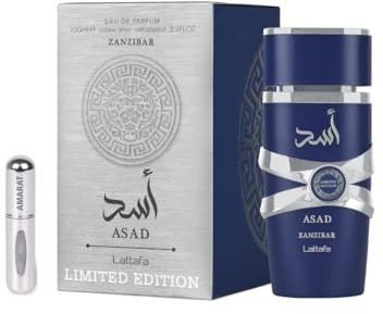 Lattafa Asad Zanzibar Limited Edition Eau de Parfum, 100 ml, arabisk parfym för män, med sprayflaska, träig och kryddig orientalisk doft (Asad Zanzibar Limited Edition)