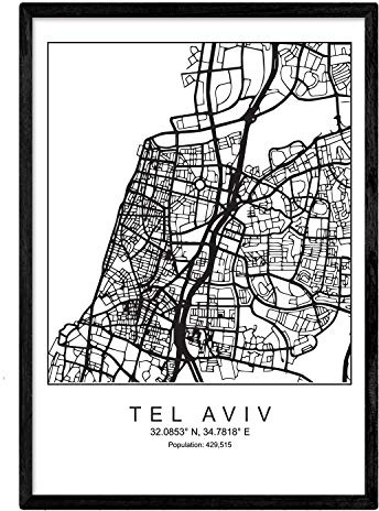 Nacnic Stampa mappa della città Tel Aviv stile scandinavo in bianco e nero. A3 formato della carta stampata No 250 gr. Dipinti, stampe e manifesti per soggiorno e camera da letto