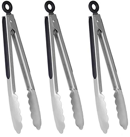HINMAY Kitchen Barbecue Tongs 9 Non-Slip Locking Mechanism Stainless Steel Cooking Tongs, Set of 3 (Silver)